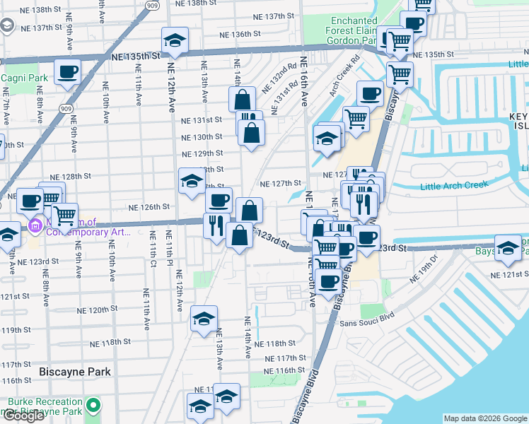 map of restaurants, bars, coffee shops, grocery stores, and more near 1470 Northeast 125th Terrace in North Miami
