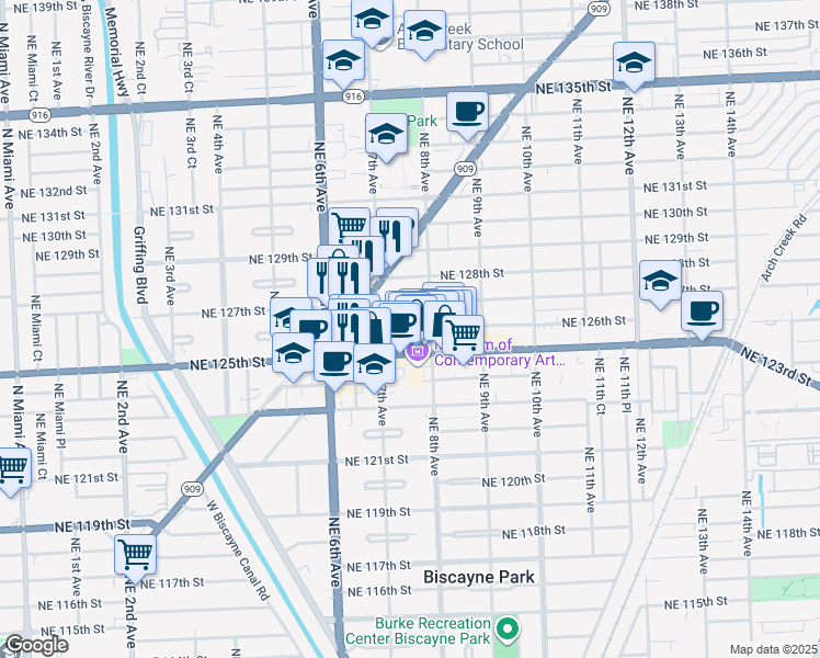 map of restaurants, bars, coffee shops, grocery stores, and more near 721 Northeast 126th Street in North Miami
