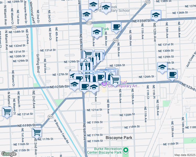 map of restaurants, bars, coffee shops, grocery stores, and more near 721 Northeast 126th Street in North Miami