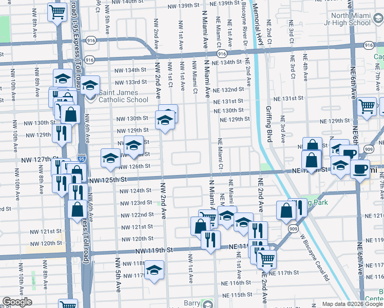 map of restaurants, bars, coffee shops, grocery stores, and more near 12705 Northwest 1st Avenue in North Miami