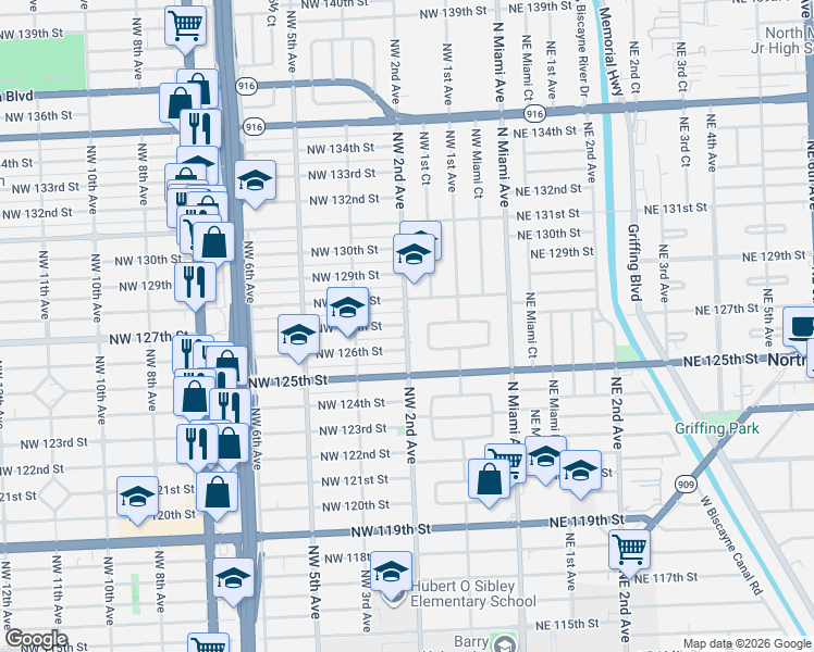 map of restaurants, bars, coffee shops, grocery stores, and more near 225 Northwest 127th Street in North Miami