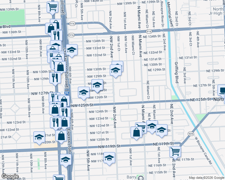 map of restaurants, bars, coffee shops, grocery stores, and more near 225 Northwest 127th Street in North Miami