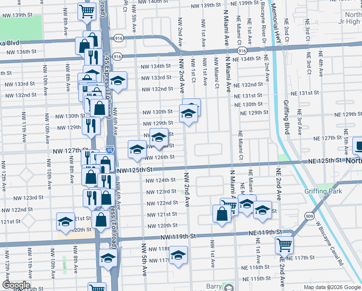 map of restaurants, bars, coffee shops, grocery stores, and more near 225 Northwest 127th Street in North Miami