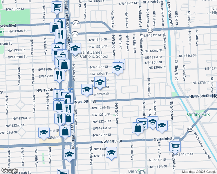 map of restaurants, bars, coffee shops, grocery stores, and more near 225 Northwest 127th Street in North Miami