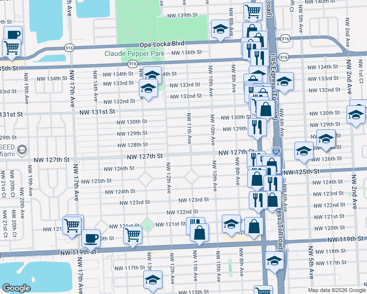 map of restaurants, bars, coffee shops, grocery stores, and more near 1210 Northwest 128th Street in North Miami