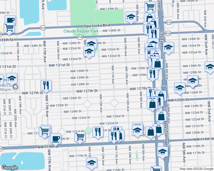 map of restaurants, bars, coffee shops, grocery stores, and more near 1185 Northwest 128th Street in North Miami