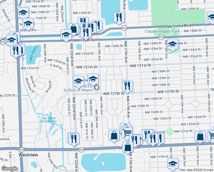 map of restaurants, bars, coffee shops, grocery stores, and more near 12820 West Randall Park Drive in Miami
