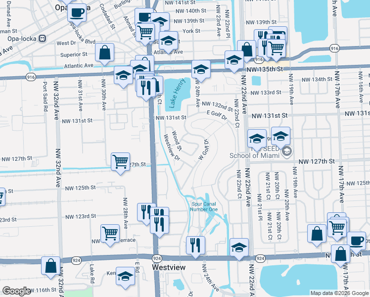 map of restaurants, bars, coffee shops, grocery stores, and more near 12821 Wood Street in Miami