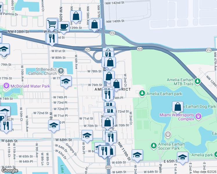 map of restaurants, bars, coffee shops, grocery stores, and more near 335 West 75th Place in Hialeah