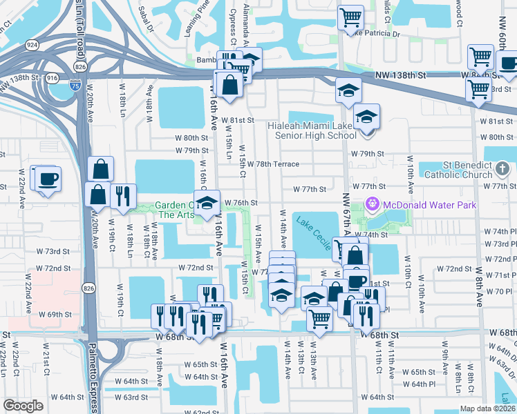 map of restaurants, bars, coffee shops, grocery stores, and more near 1460 West 76th Street in Hialeah