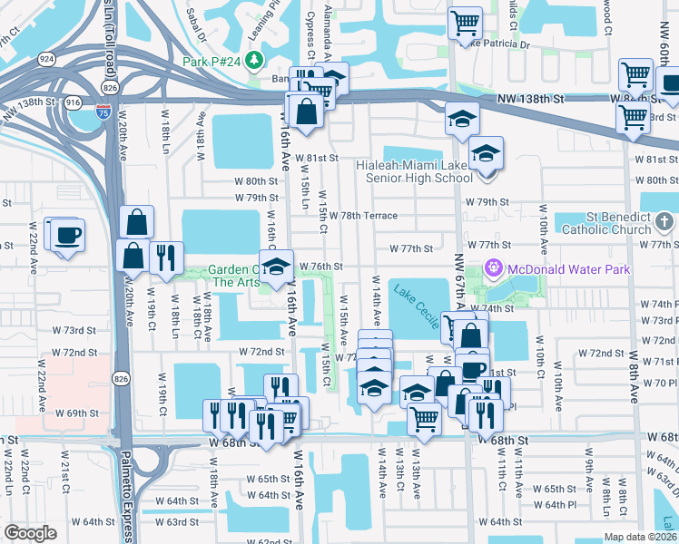 map of restaurants, bars, coffee shops, grocery stores, and more near 1460 West 76th Street in Hialeah