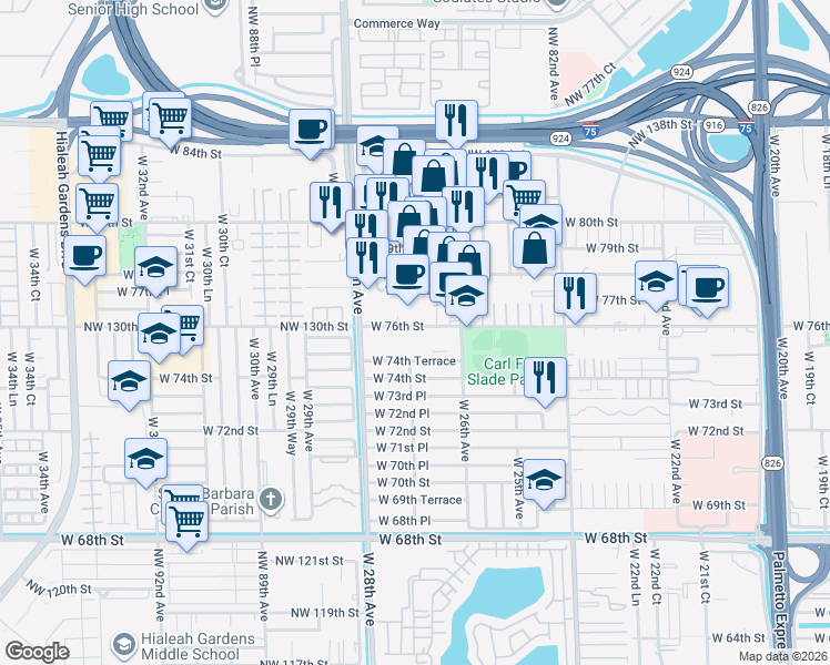 map of restaurants, bars, coffee shops, grocery stores, and more near 2730 West 76th Street in Hialeah