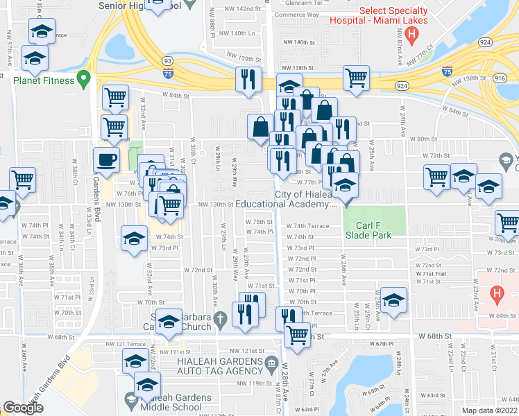 map of restaurants, bars, coffee shops, grocery stores, and more near 2863 West 75th Terrace in Hialeah