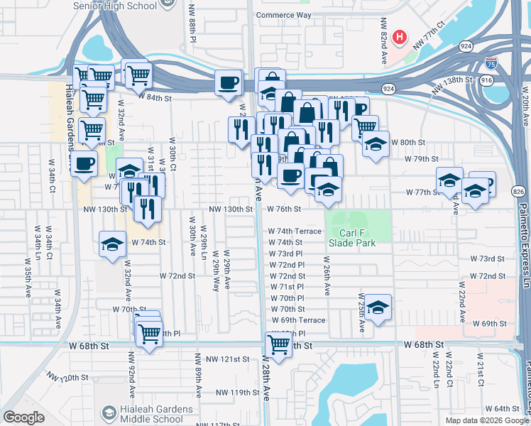 map of restaurants, bars, coffee shops, grocery stores, and more near in Hialeah