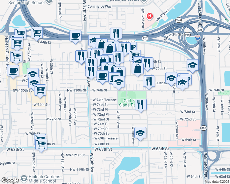 map of restaurants, bars, coffee shops, grocery stores, and more near 2637 West 76th Street in Hialeah