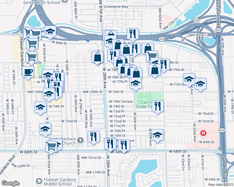 map of restaurants, bars, coffee shops, grocery stores, and more near 2730 West 76th Street in Hialeah