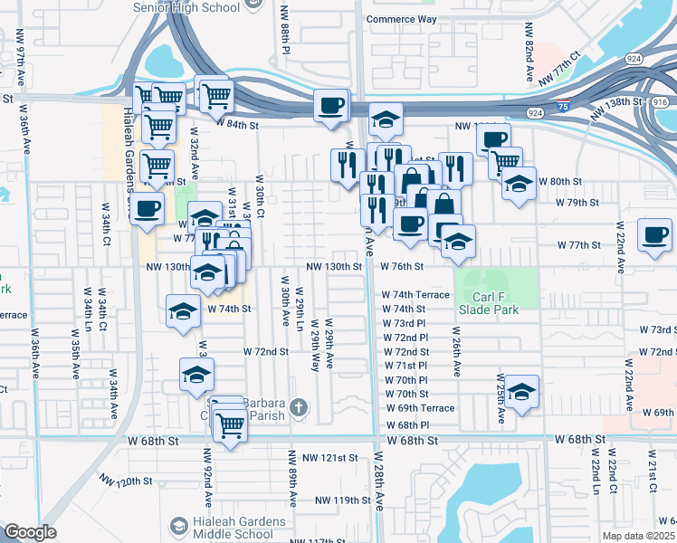 map of restaurants, bars, coffee shops, grocery stores, and more near 2875 West 75th Terrace in Hialeah