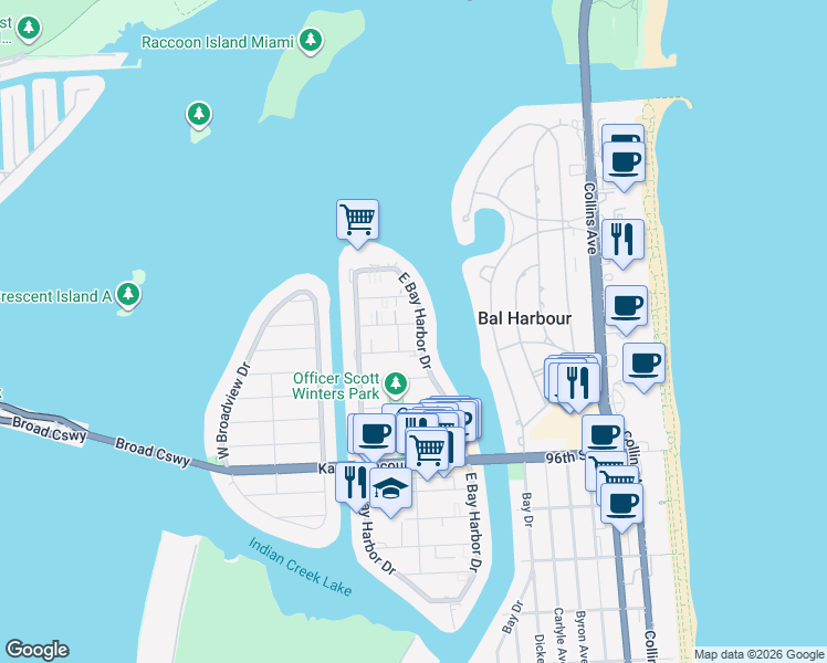 map of restaurants, bars, coffee shops, grocery stores, and more near 74 101st Street in Bay Harbor Islands