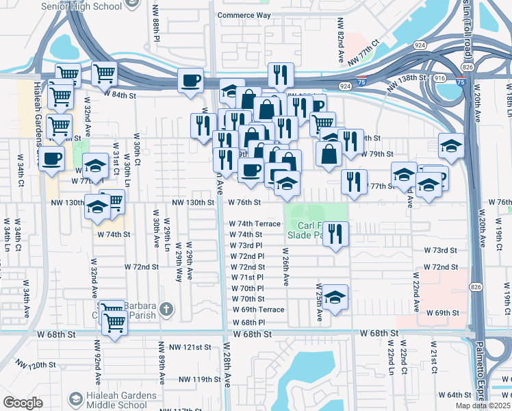 map of restaurants, bars, coffee shops, grocery stores, and more near 2637 West 76th Street in Hialeah