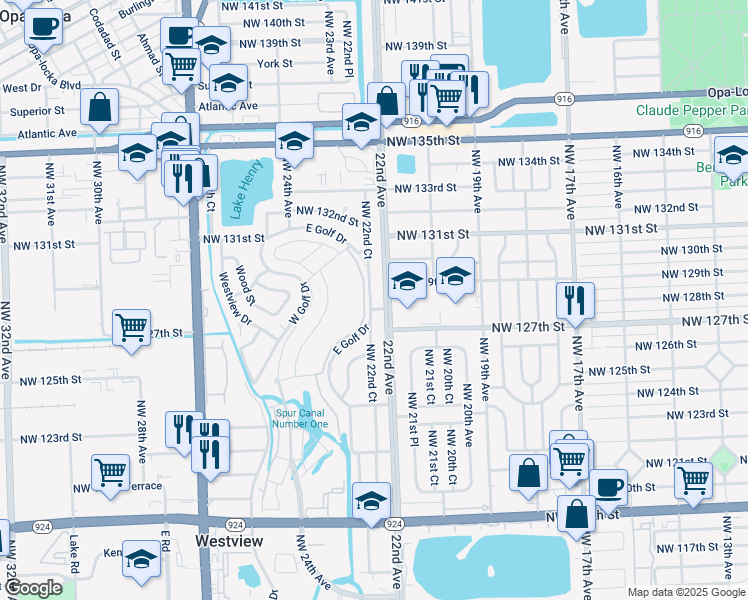 map of restaurants, bars, coffee shops, grocery stores, and more near 12821 East Golf Drive in Miami