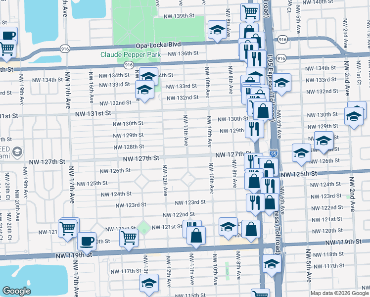 map of restaurants, bars, coffee shops, grocery stores, and more near 1210 Northwest 128th Street in North Miami