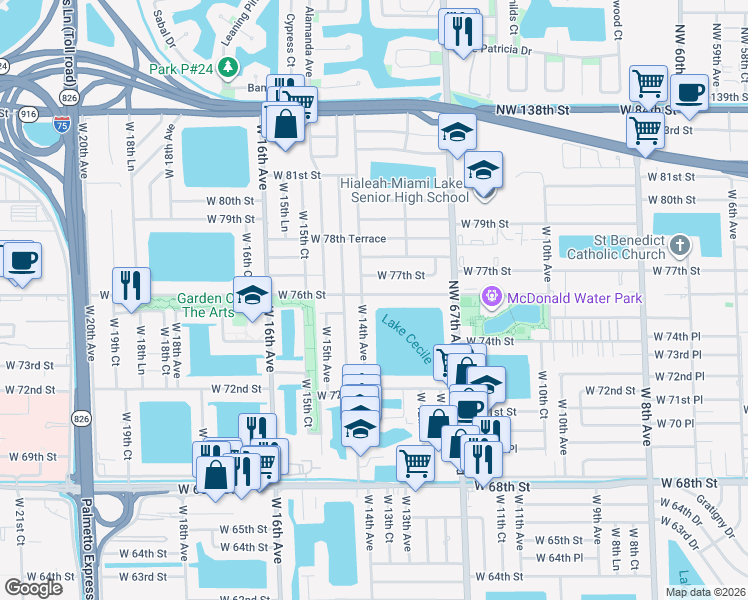 map of restaurants, bars, coffee shops, grocery stores, and more near 1384 West 76th Street in Hialeah