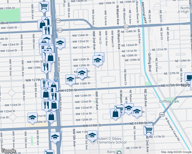 map of restaurants, bars, coffee shops, grocery stores, and more near 225 Northwest 127th Street in North Miami
