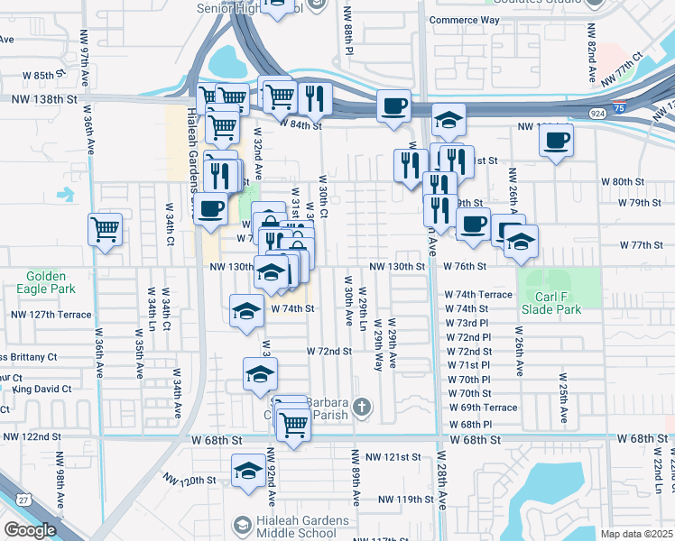 map of restaurants, bars, coffee shops, grocery stores, and more near 7593 West 30th Court in Hialeah