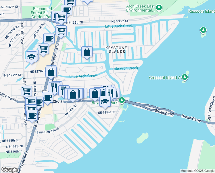 map of restaurants, bars, coffee shops, grocery stores, and more near 2130 Alamanda Drive in North Miami