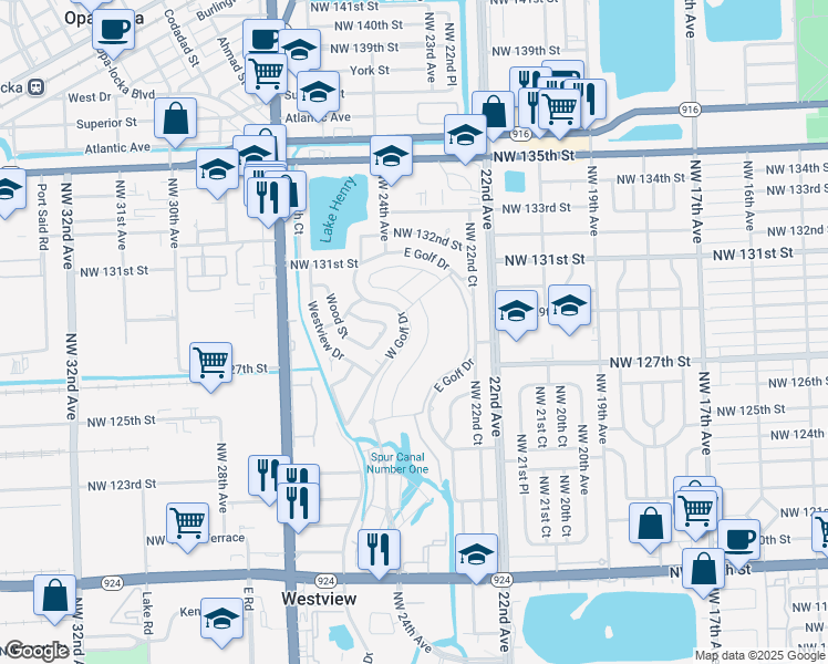 map of restaurants, bars, coffee shops, grocery stores, and more near 12601-12899 W Golf Dr in Miami
