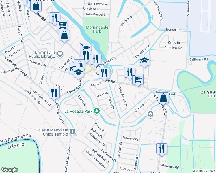 map of restaurants, bars, coffee shops, grocery stores, and more near 5005 Sonny Dr in Brownsville