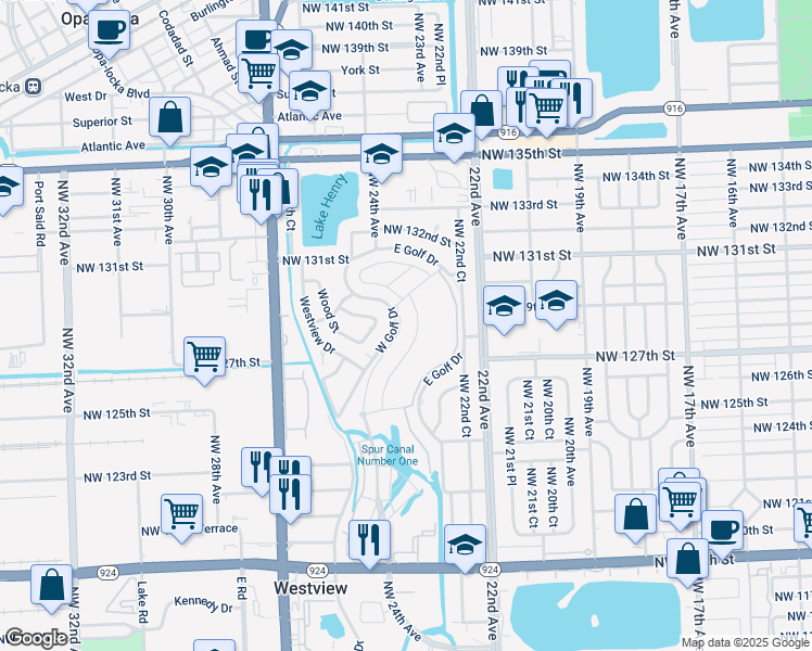 map of restaurants, bars, coffee shops, grocery stores, and more near 12601-12899 W Golf Dr in Miami