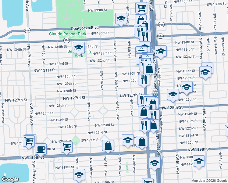 map of restaurants, bars, coffee shops, grocery stores, and more near 1010 Northwest 128th Street in North Miami