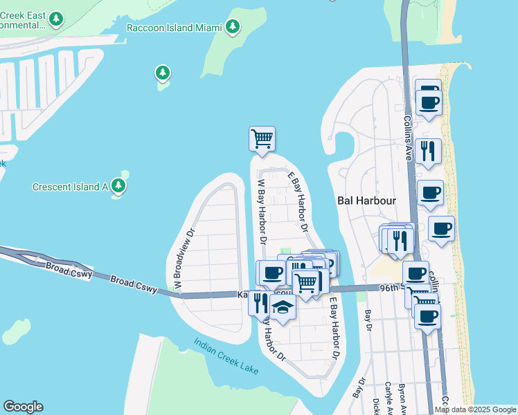 map of restaurants, bars, coffee shops, grocery stores, and more near 1164 101st Street in Bay Harbor Islands