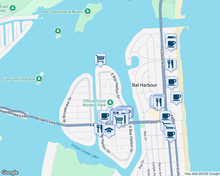 map of restaurants, bars, coffee shops, grocery stores, and more near 74 101st Street in Bay Harbor Islands