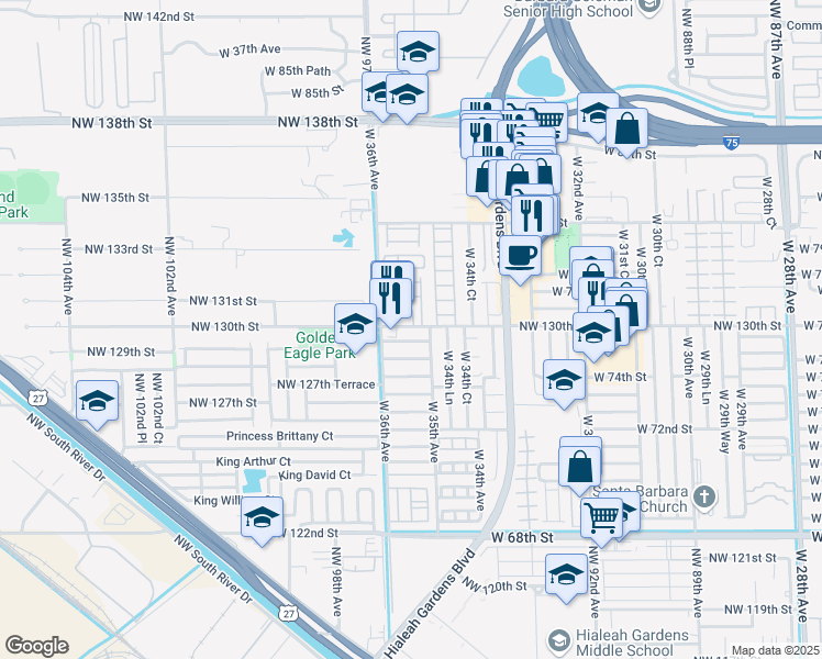 map of restaurants, bars, coffee shops, grocery stores, and more near 7663 West 36th Avenue in Hialeah