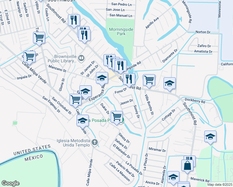 map of restaurants, bars, coffee shops, grocery stores, and more near 4878 Fonsi Dr in Brownsville