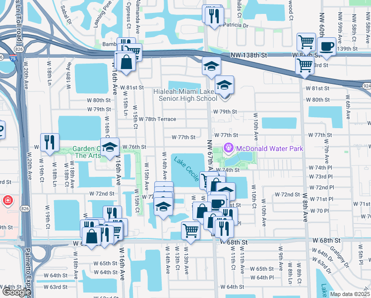 map of restaurants, bars, coffee shops, grocery stores, and more near 1306 West 76th Street in Hialeah