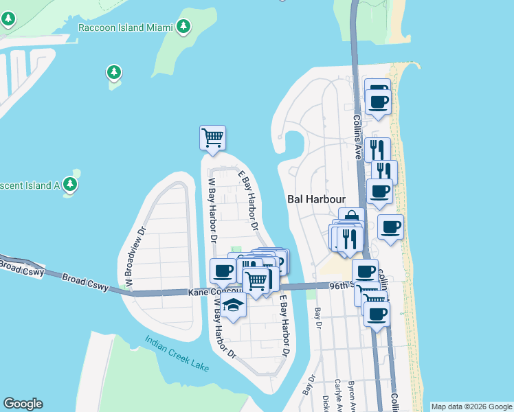 map of restaurants, bars, coffee shops, grocery stores, and more near 10101 East Bay Harbor Drive in Bay Harbor Islands