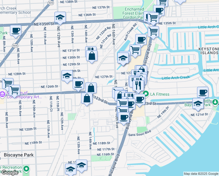 map of restaurants, bars, coffee shops, grocery stores, and more near 1530 Northeast 125th Terrace in North Miami