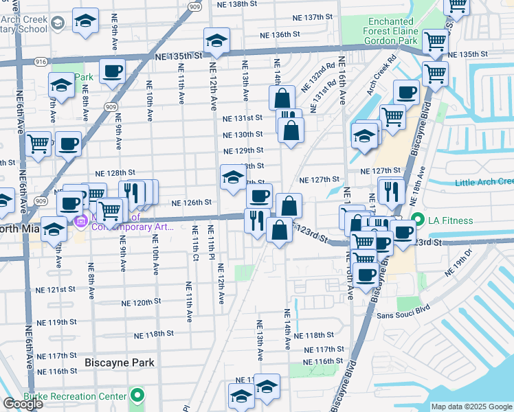 map of restaurants, bars, coffee shops, grocery stores, and more near 12501 Northeast 13th Avenue in North Miami
