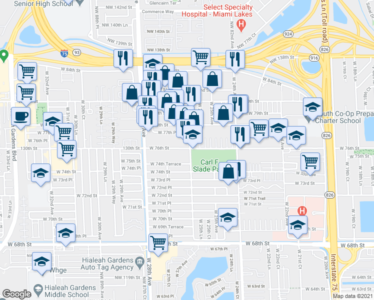 map of restaurants, bars, coffee shops, grocery stores, and more near 2637 West 76th Street in Hialeah