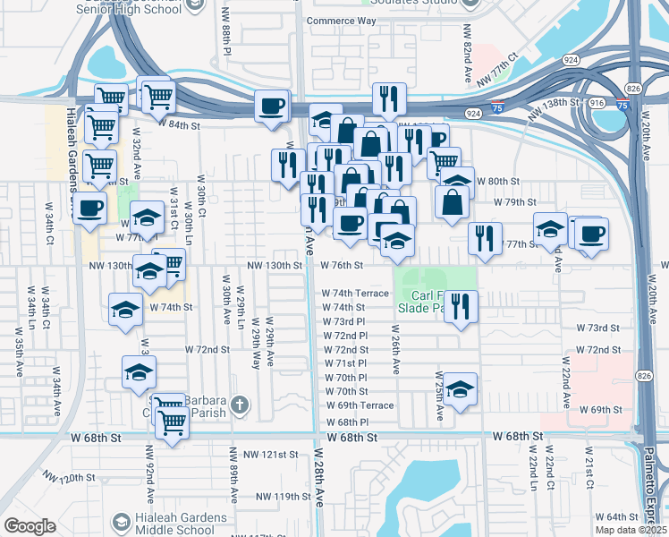 map of restaurants, bars, coffee shops, grocery stores, and more near 2730 West 76th Street in Hialeah