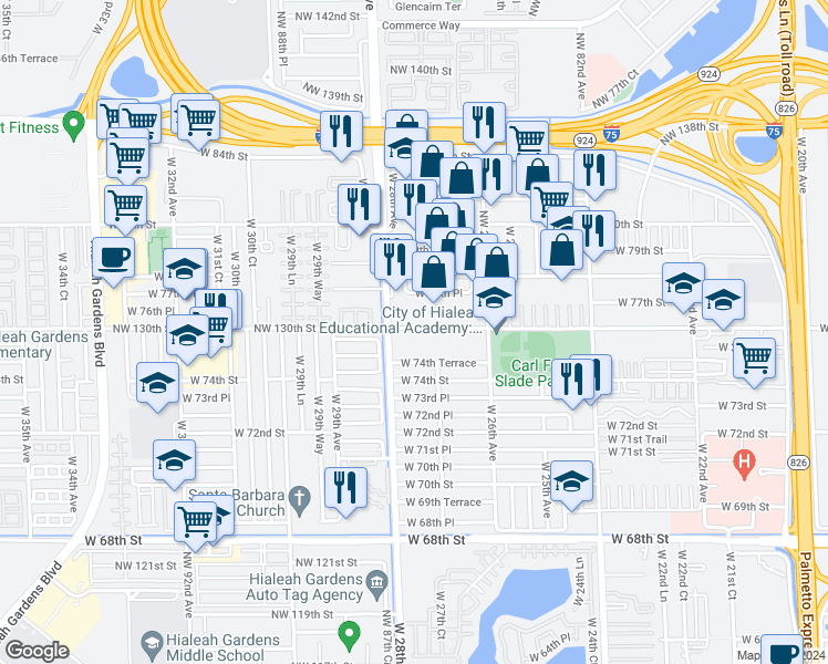 map of restaurants, bars, coffee shops, grocery stores, and more near 2730 West 76th Street in Hialeah