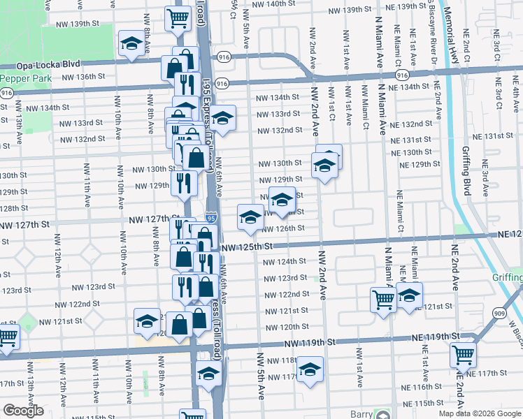 map of restaurants, bars, coffee shops, grocery stores, and more near 485 Northwest 127th Street in North Miami