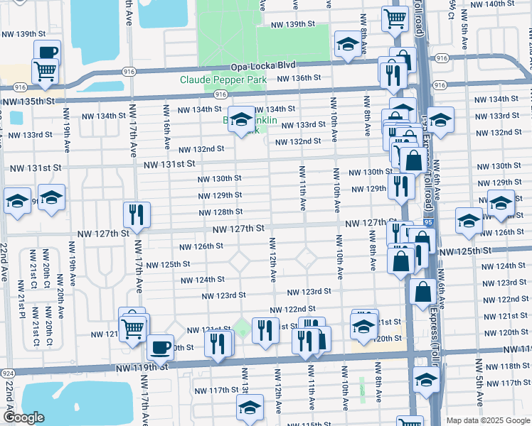 map of restaurants, bars, coffee shops, grocery stores, and more near 1200 Northwest 128th Street in Miami