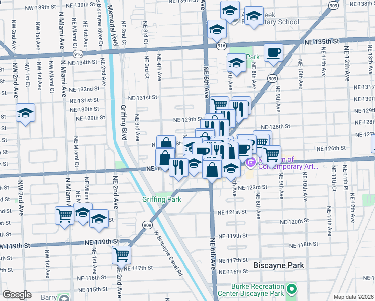 map of restaurants, bars, coffee shops, grocery stores, and more near 12605 Northeast 5th Avenue in North Miami