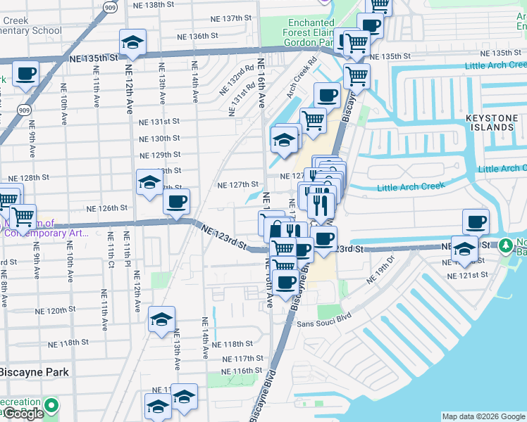 map of restaurants, bars, coffee shops, grocery stores, and more near 1590 Northeast 125th Terrace in North Miami