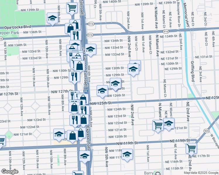 map of restaurants, bars, coffee shops, grocery stores, and more near 455 Northwest 127th Street in North Miami