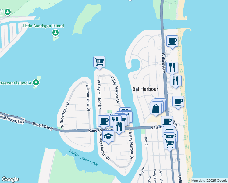 map of restaurants, bars, coffee shops, grocery stores, and more near 74 101st Street in Bay Harbor Islands